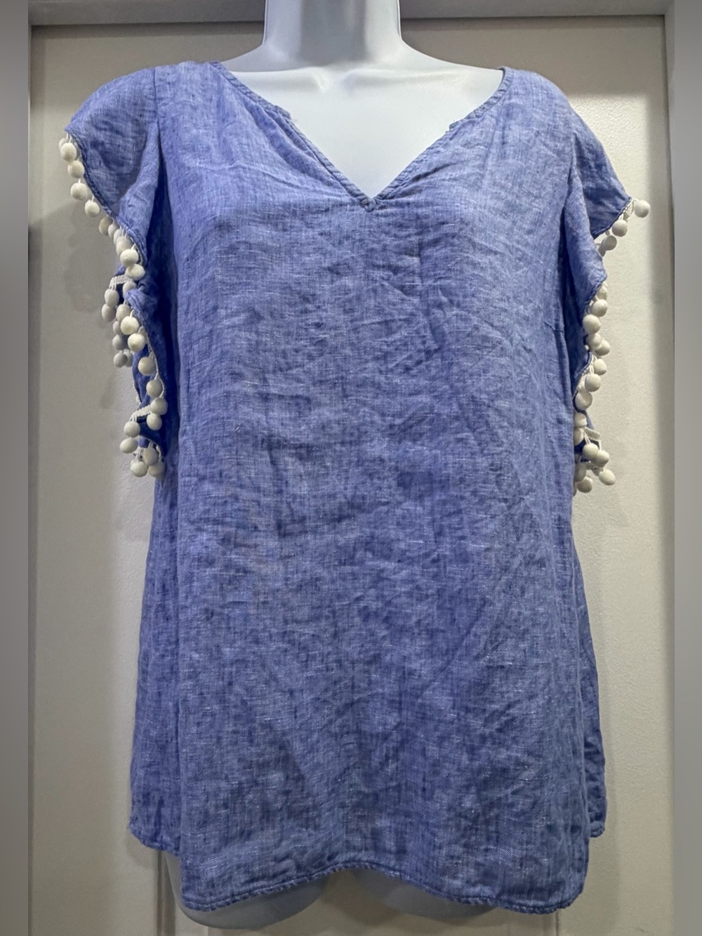 Lilly Pulitzer Astara 💯% Linen Top Beckon Blue Pom Pom Trim V-Neck Small